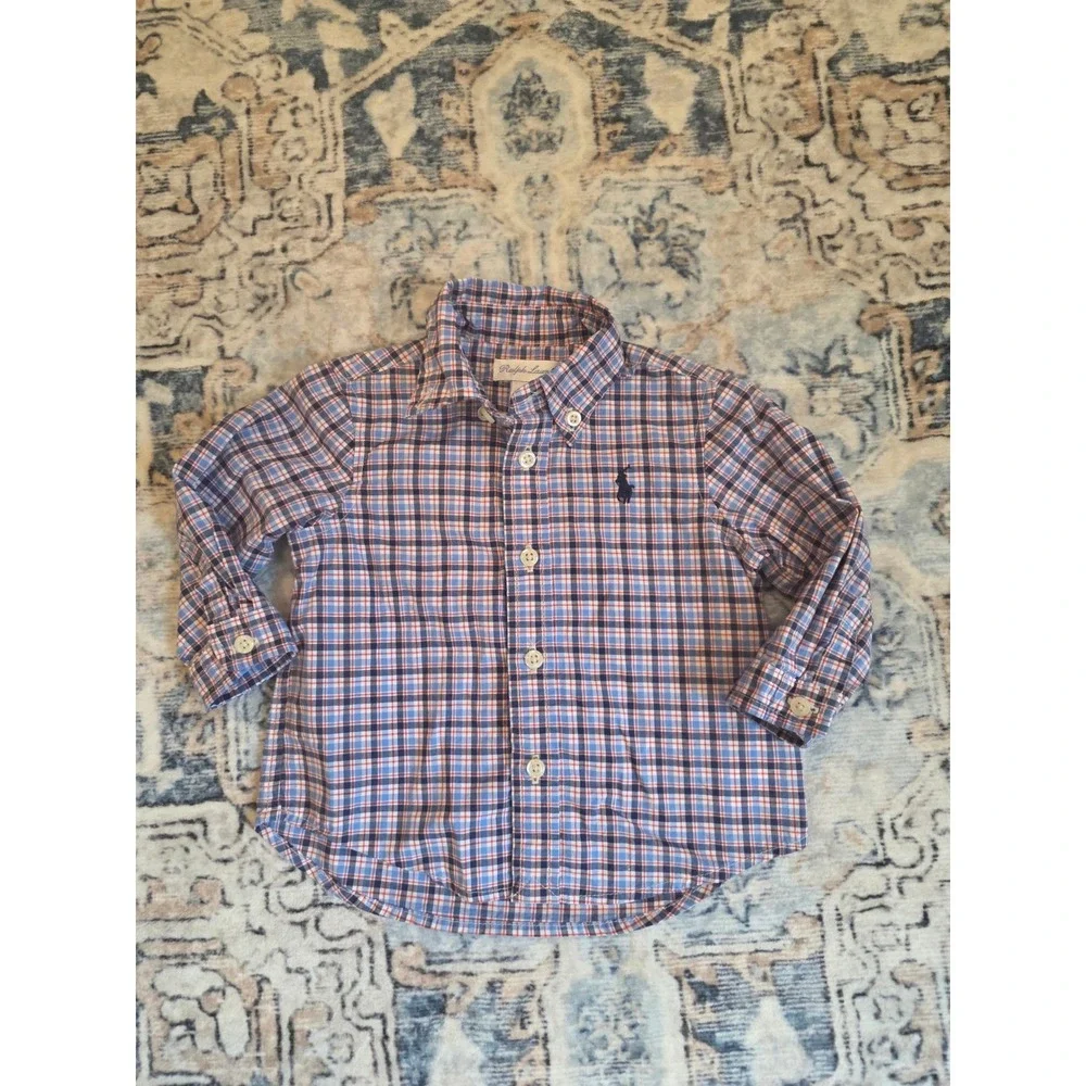 Ralph Lauren Size 6 month Classic Fit Long Sleeve Red Blue And White Plaid Shirt
